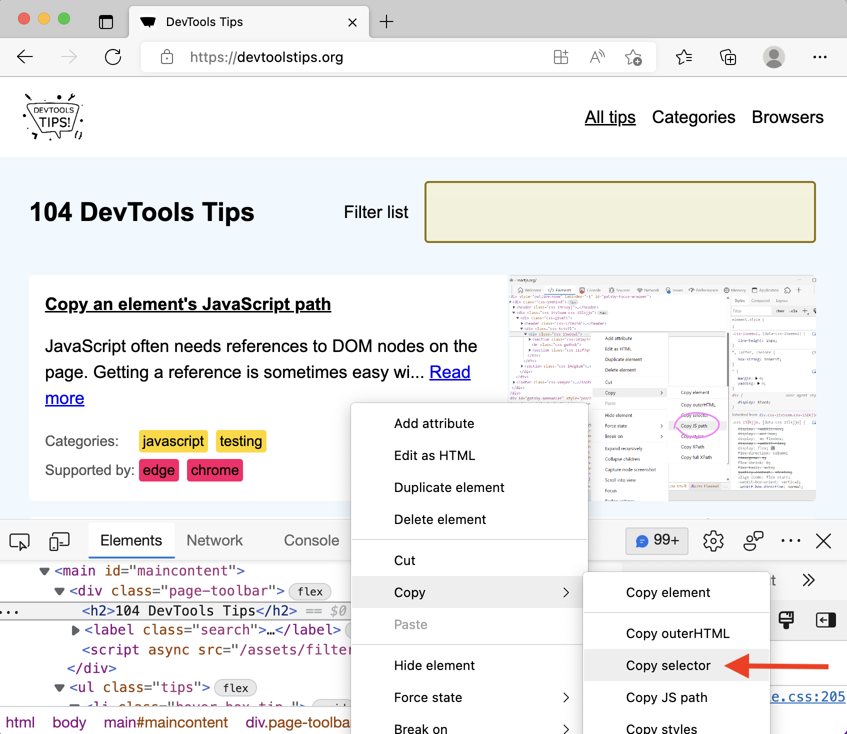 Edge DevTools, showing how to access the Copy CSS selector option.