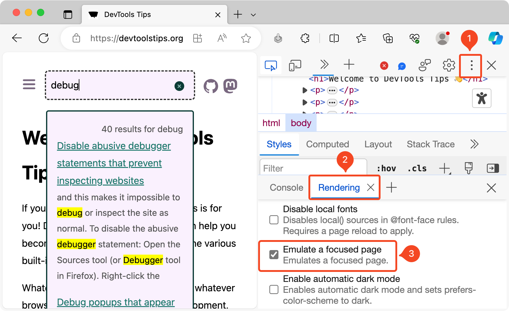 The Rendering tool in DevTools, showing the Emulate a focused page option