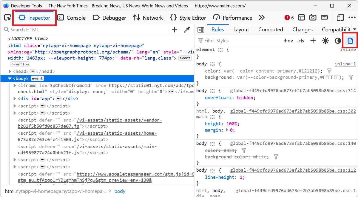 Firefox, with DevTools open, showing the Inspector tool, with the print media button