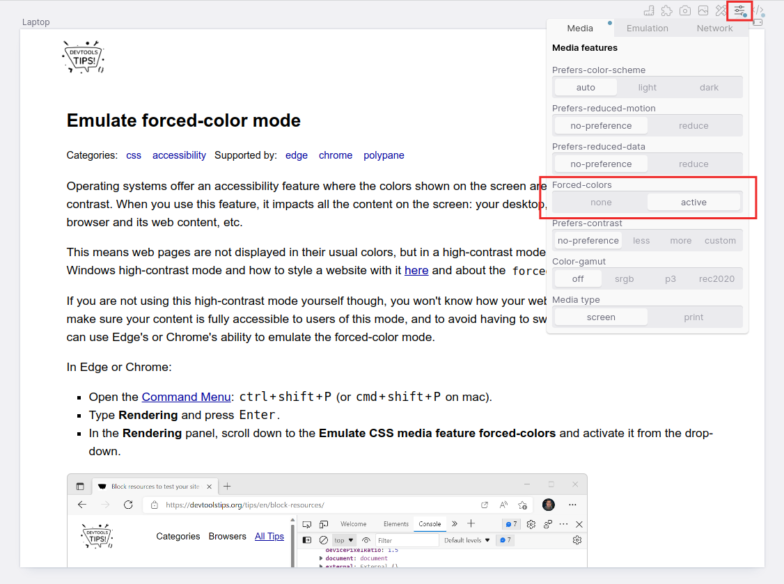 Polypane showing a webpage in forced-colors mode, with the Emulation options opened above it, the "forced colors" option is active and highlighted.