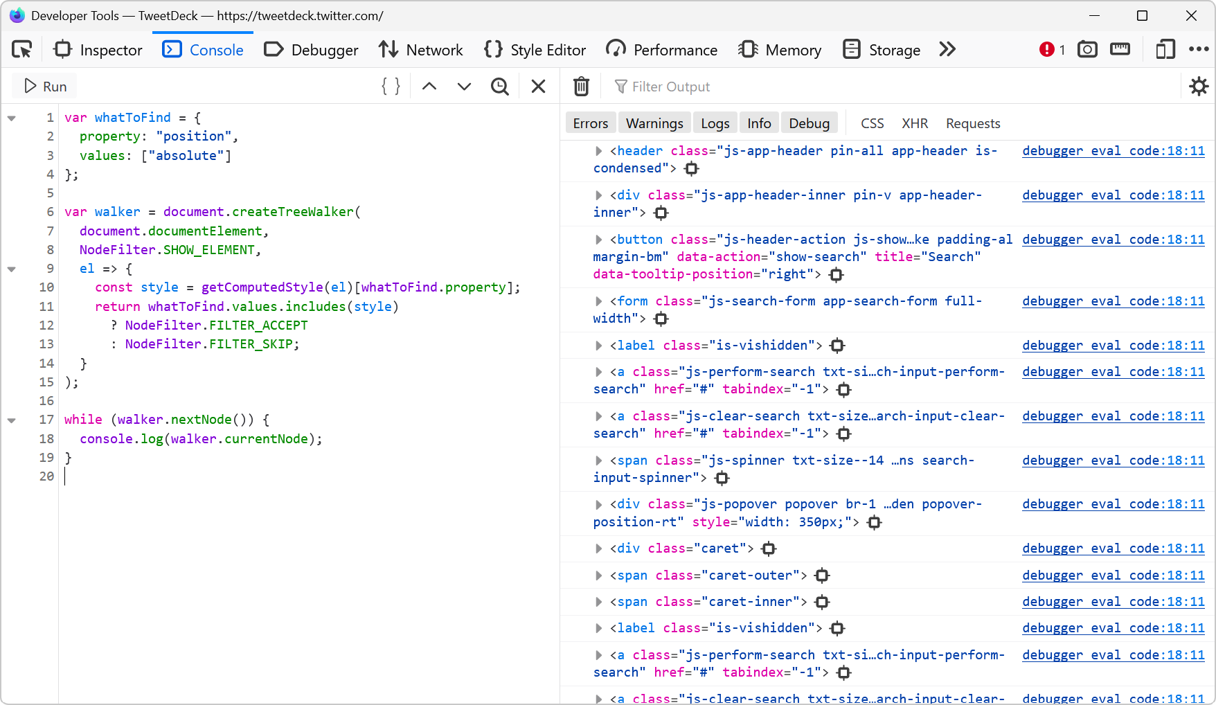 The Firefox DevTools Console tool, with the code shown on the left, and the resulting nodes listed on the right