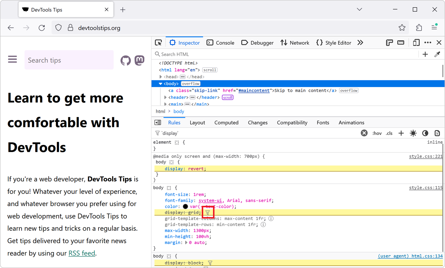 Firefox DevTools, showing the Inspector tool and the Rules panel. The filter icon was clicked next to the display property, and the other display properties from other rules are highlighted.