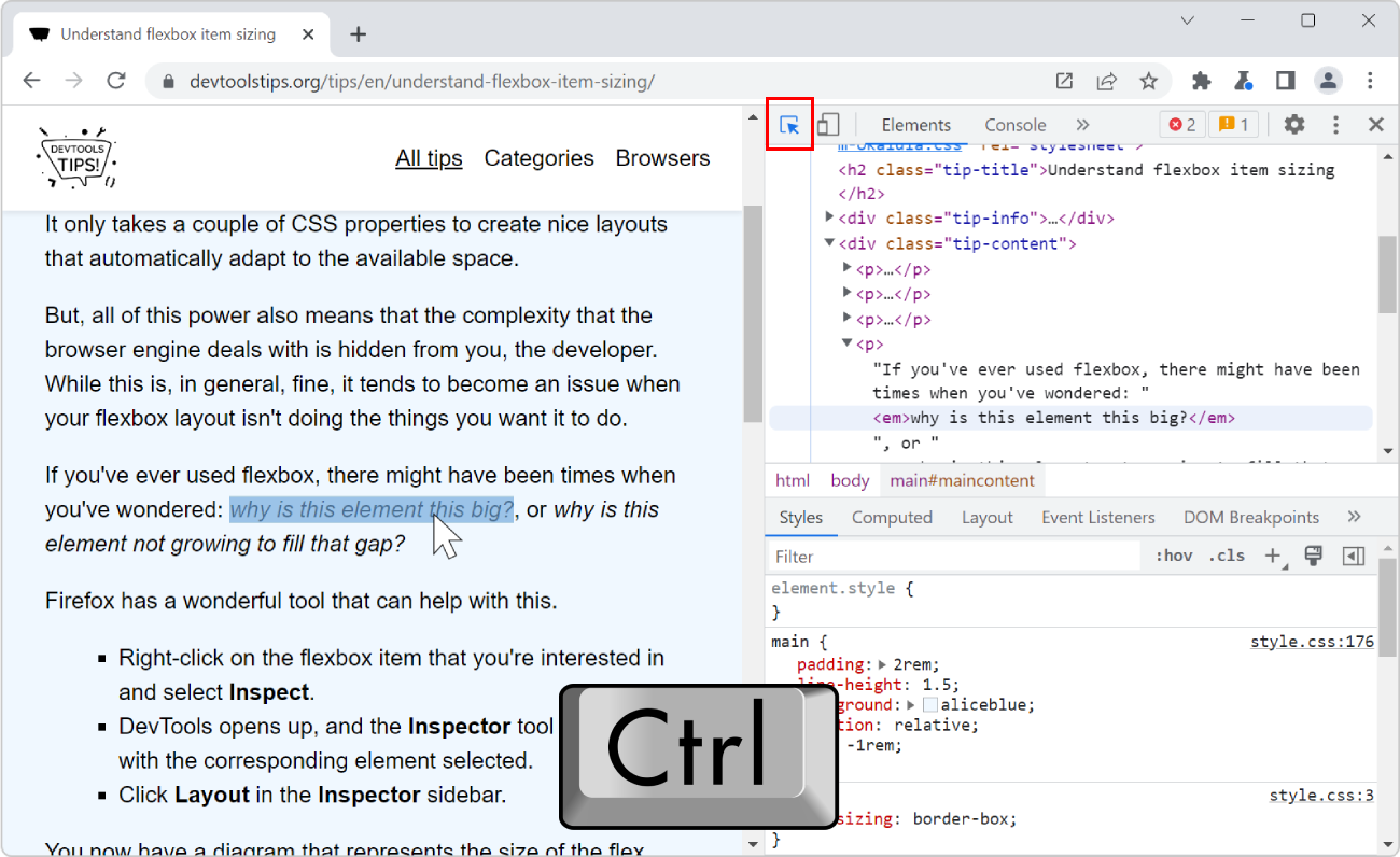 Chrome, with a webpage and DevTools opened to the side. The inspect mode is on, the mouse is hovering an element in the webpage, which is highlighted, but the information tooltip is not displayed.