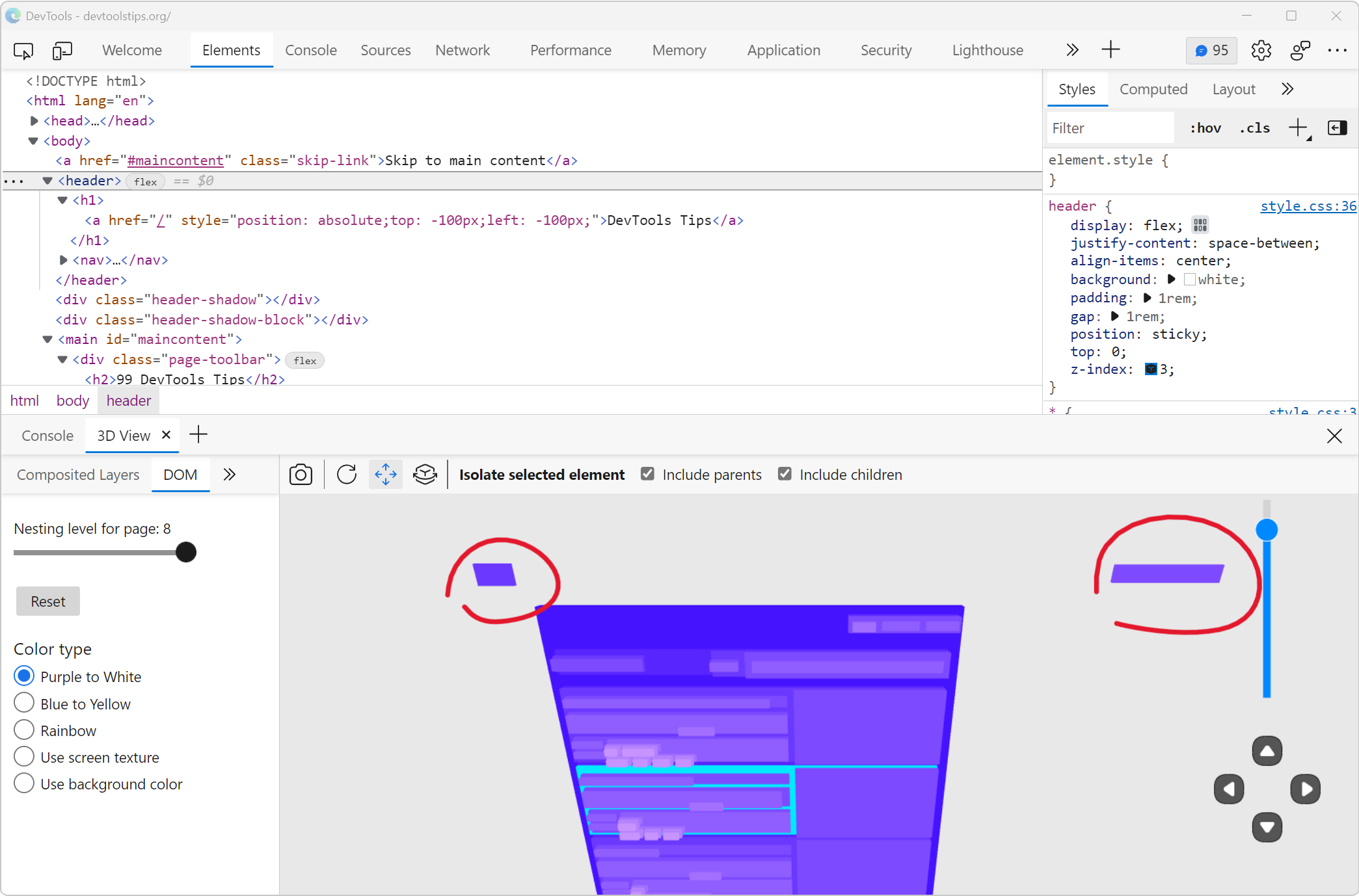 Edge DevTools showing the Elements tool at the top with the DOM tree and the 3D View tool at the bottom, showing a 3D render of the page, with most elements in the same rectangle, and 2 smaller elements outside of the main rectangle.
