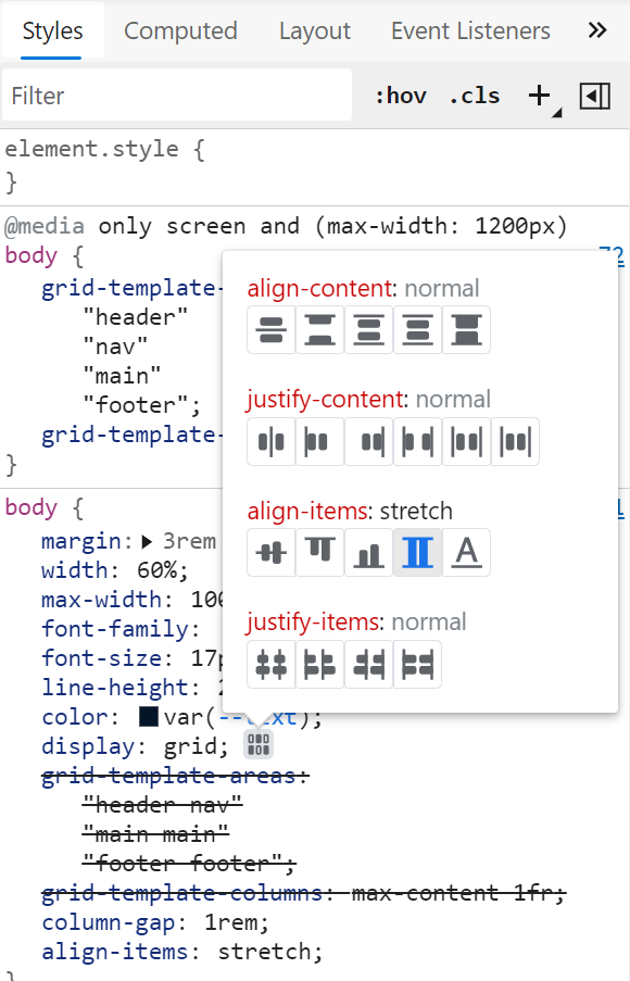 The grid editor in the Styles pane of Microsoft Edge.