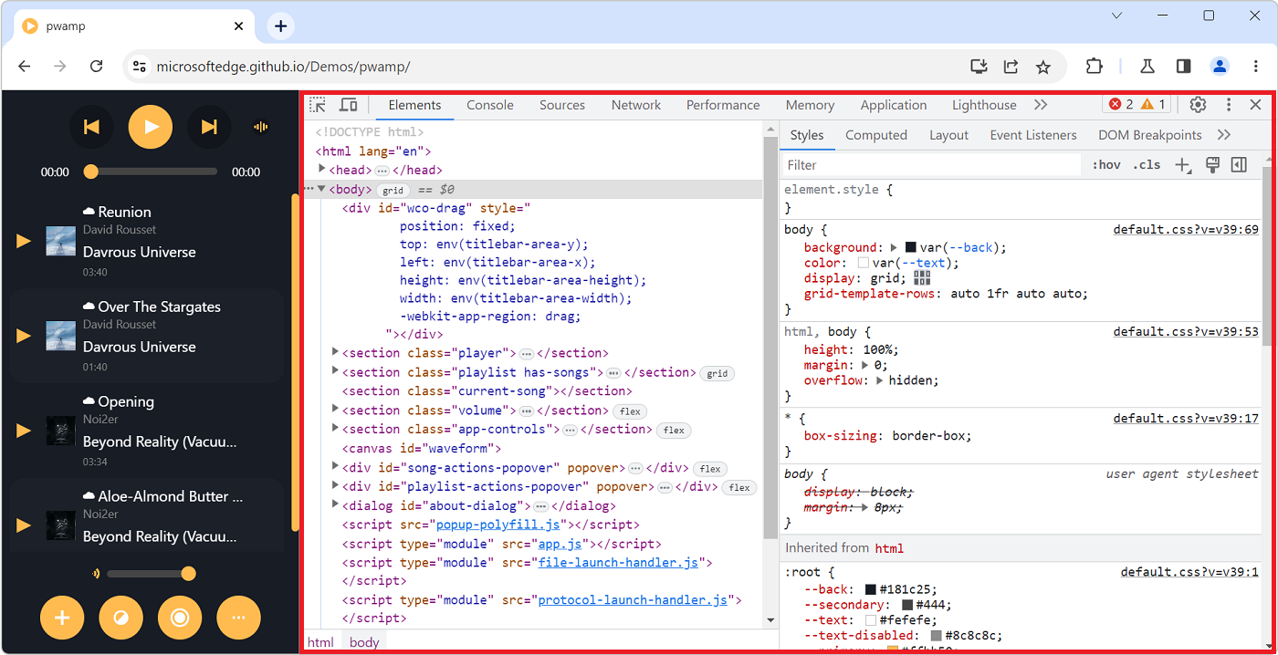 DevTools, with just one tool displayed, the Elements tool