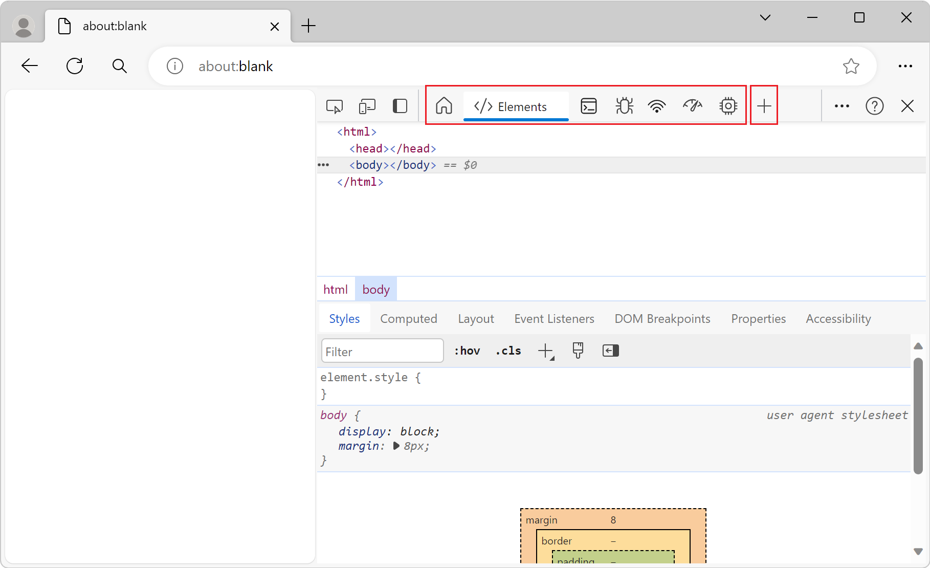 Edge, with DevTools opened. The main toolbar and the More tools icon are highlighted