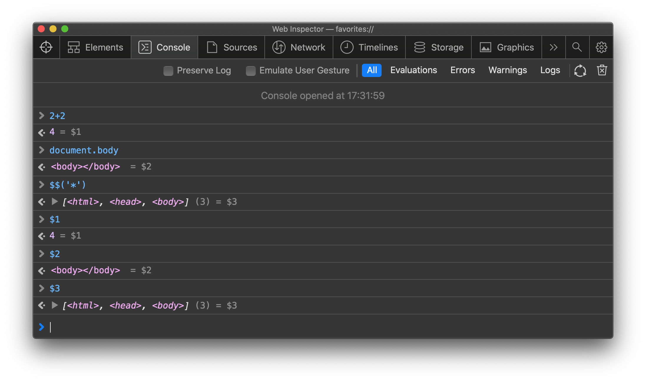 The Console in Safari Web Inspector showing how using $1, $2, $3, ... refer to previous Console results