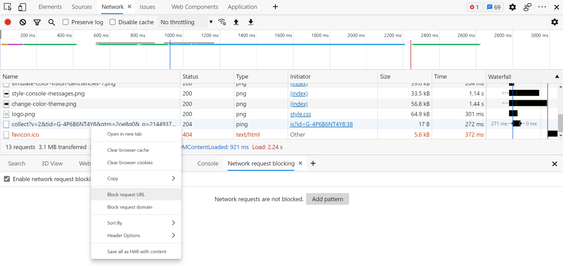 The Network panel in Edge showing the contextual menu with the "block request url" item.