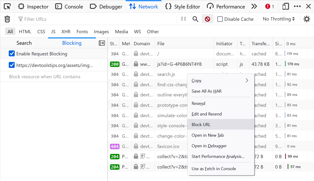 The Network panel in Firefox showing the contextual menu with the "block url" item and the "blocking" sidebar.