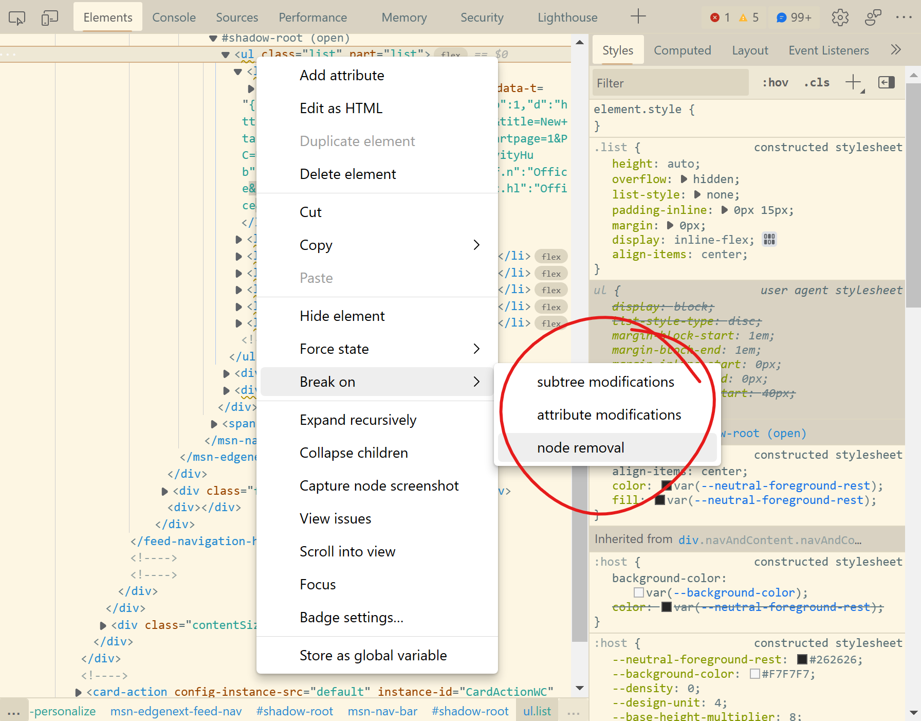 The Elements panel in Edge showing the "Break on" contextual menu on the selected node.