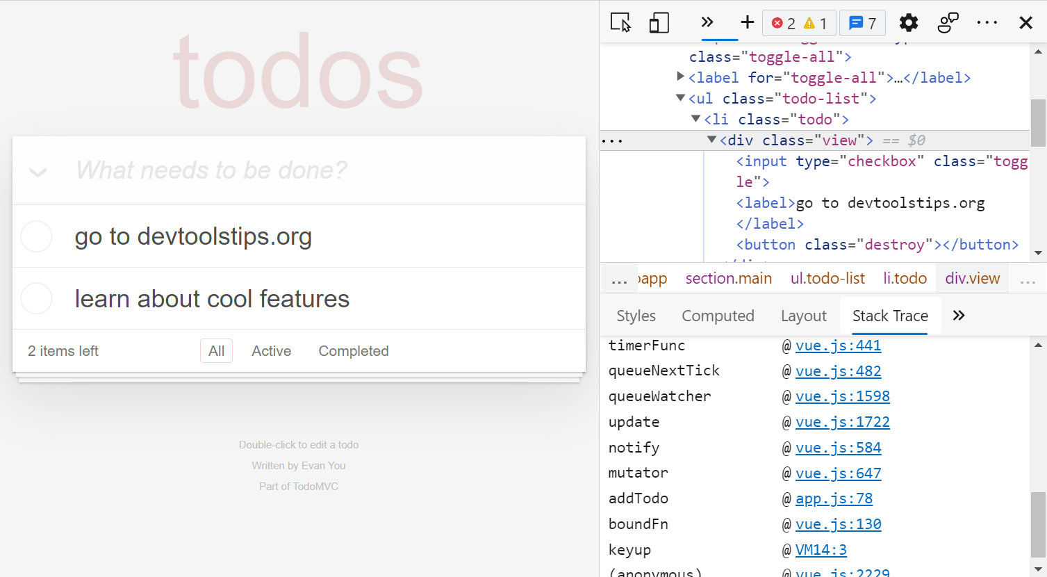 Edge DevTools' Elements panel with the Stack Trace sidebar visible, showing a stack of Vue JS function calls that created an element on the TODOMVC sample app.