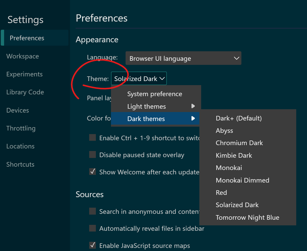 the settings panel in Edge showing the Theme drop-down.