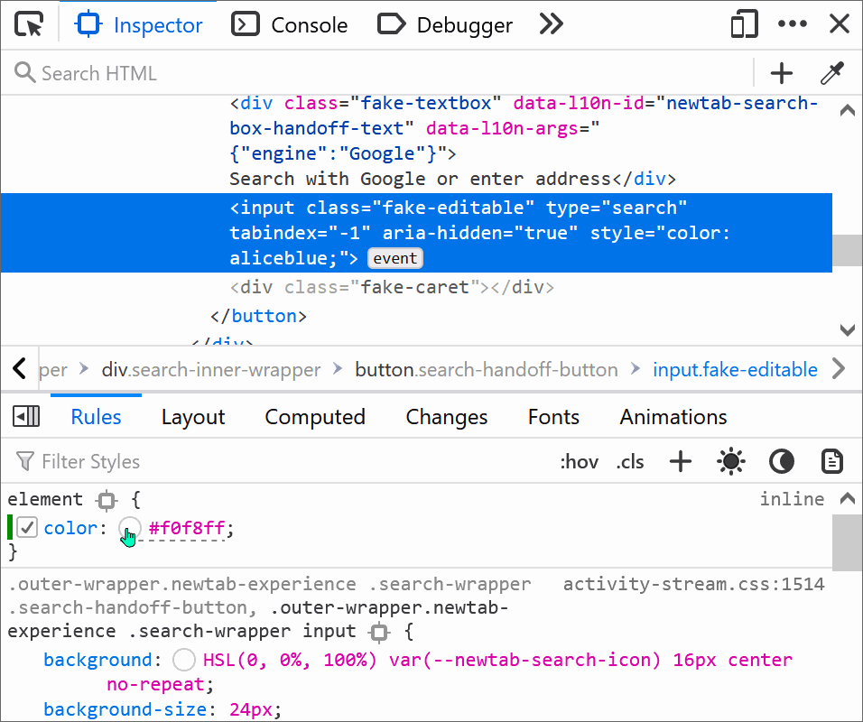 Animation of the rules panel in Firefox, showing the color conversion.