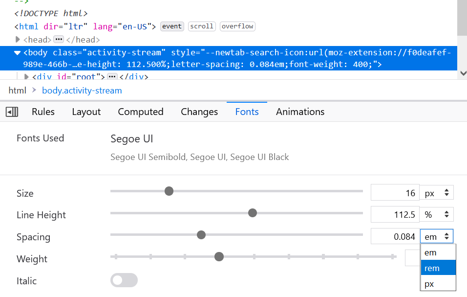 The fonts panel in Firefox, showing the unit conversion drop-down.