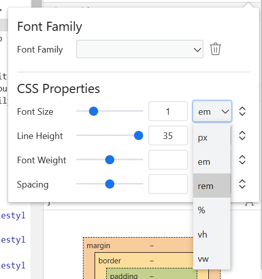 The fonts panel in Edge, showing the unit conversion drop-down.