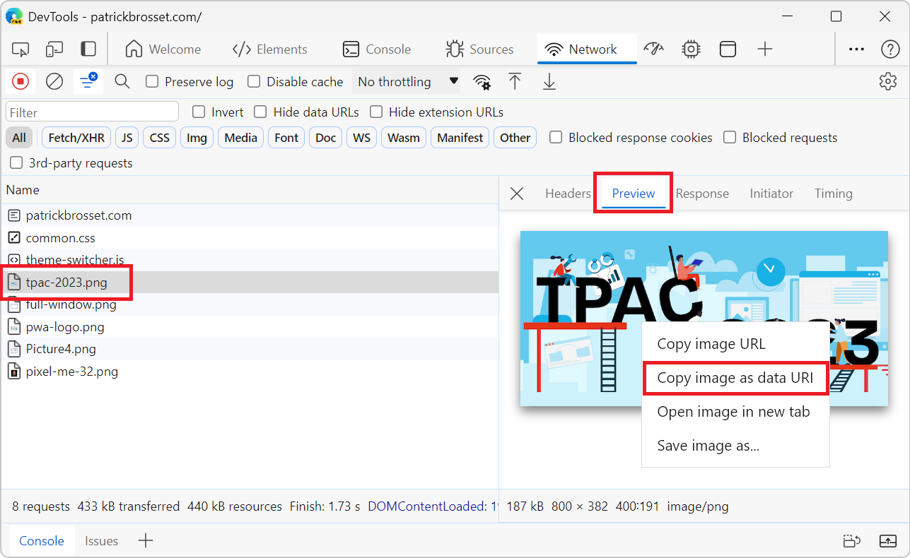 The Network tool in Edge, an image is selected, the Preview tab is open, and the right-click menu shows the copy image as data URI item