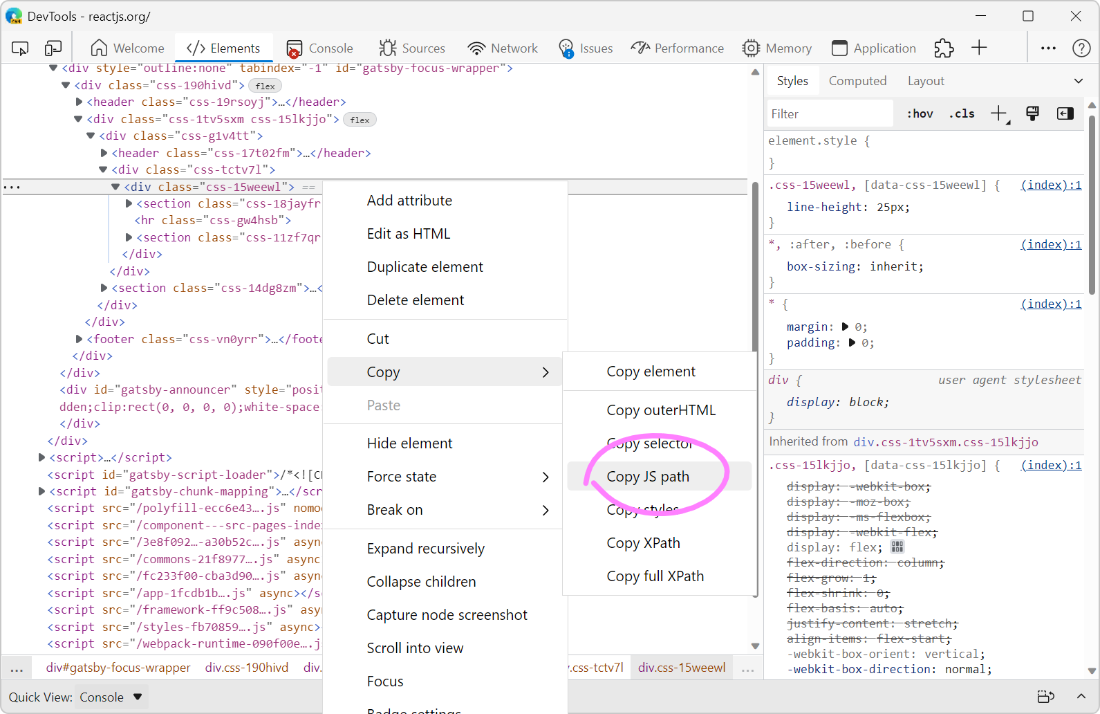 Screenshot of the Elements tool in Edge showing the context menu on an element, with the Copy JS path option