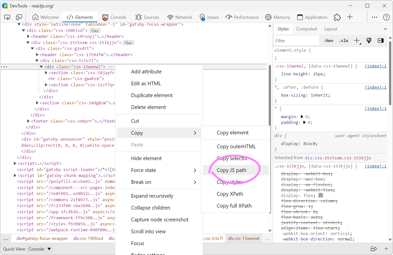 The Elements tool in Edge showing the context menu on an element, with the Copy JS path option.