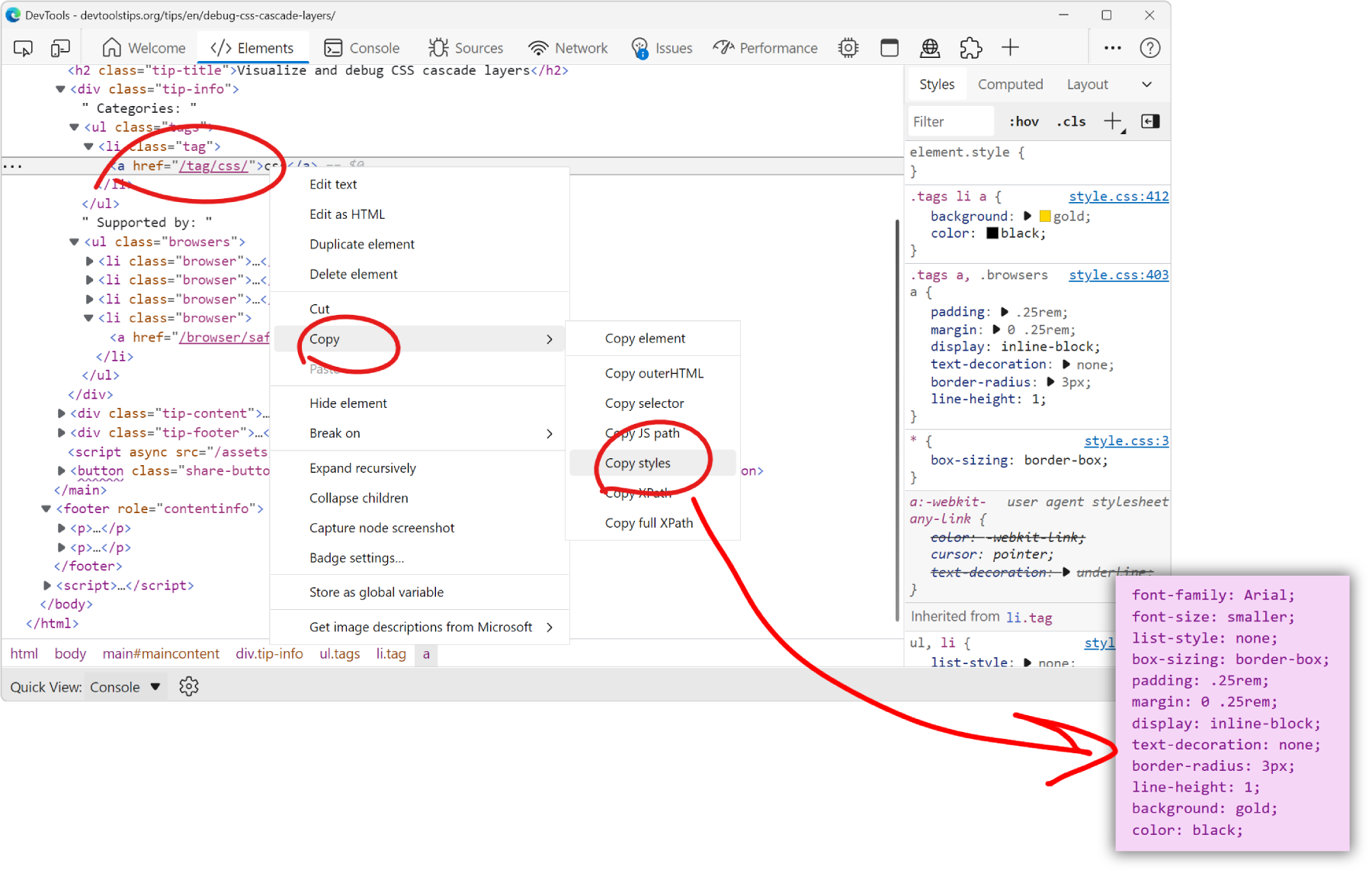 The Edge DevTools Elements panel, showing the context menu on an element and the Copy styles menu item. The screenshot also shows what the result of copying styles is: a flat list of CSS properties and values.