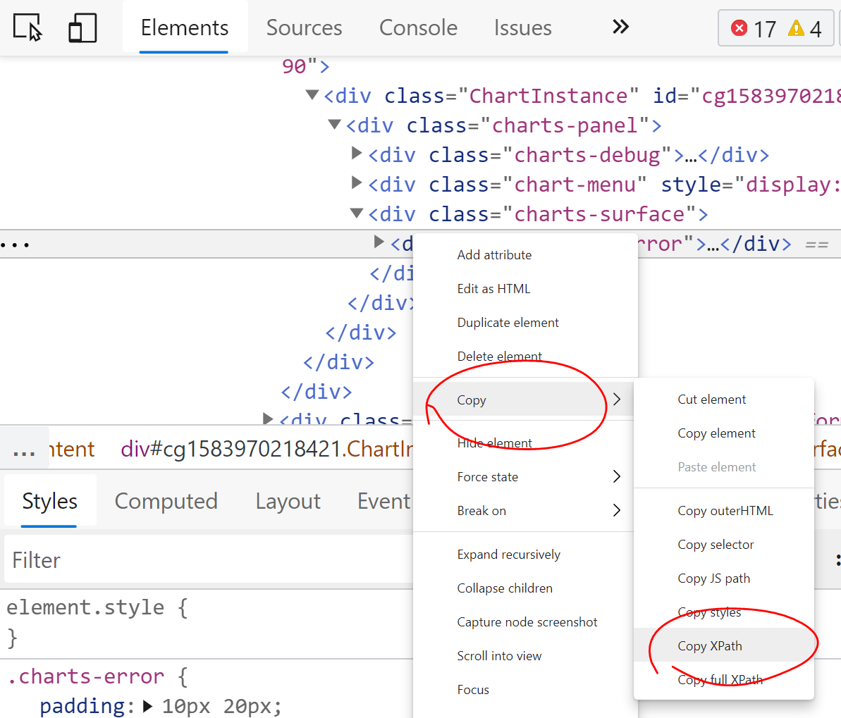 The Elements panel in Edge showing the copy xpath option in the contextual menu.