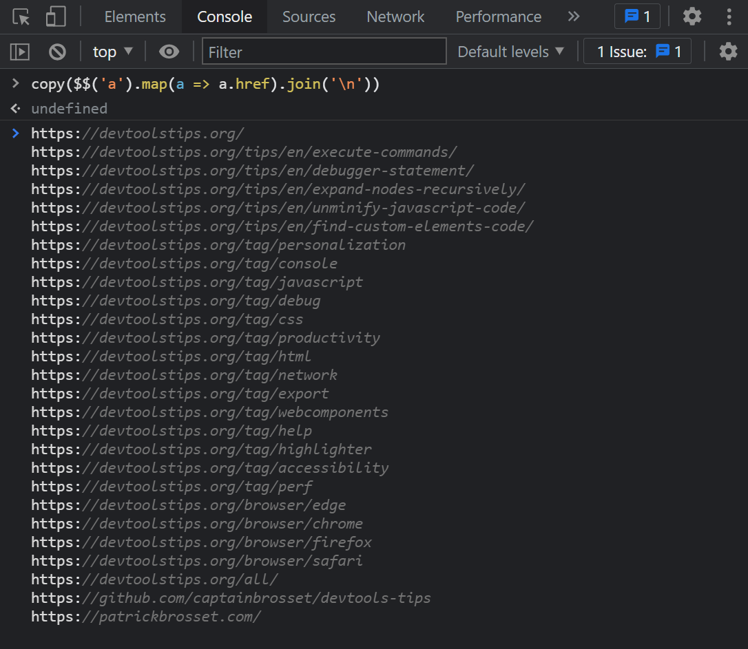 Screenshot of Chrome devtools' console with a line of code using the copy() function