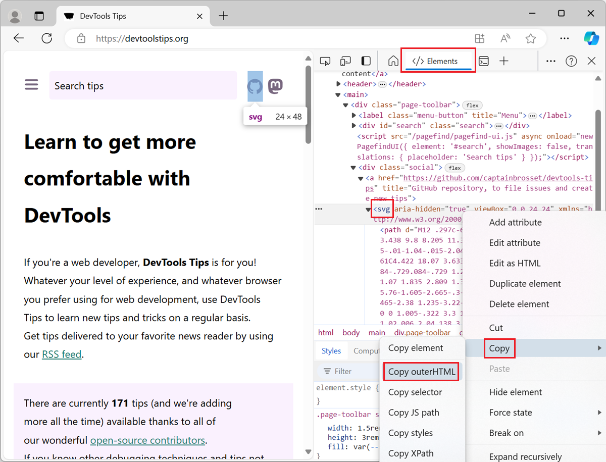 Copying the SVG source code in Edge DevTools