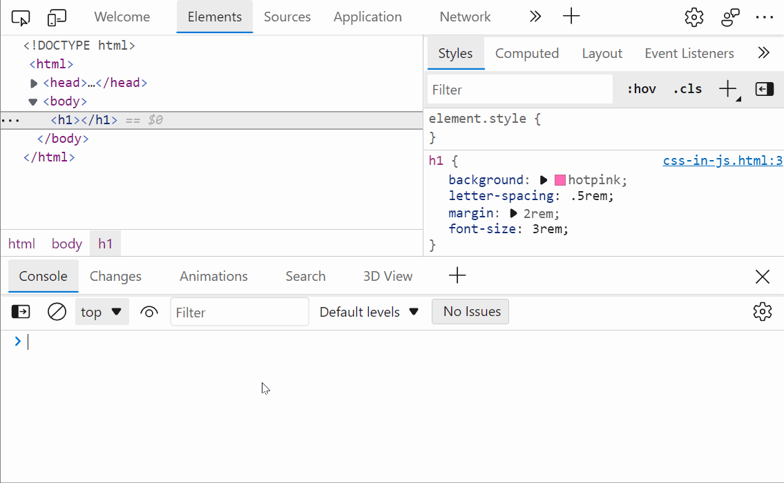 GIF showing the Styles pane in Edge, with the "Copy all declarations as JS" option being used, and then pasting the result in the Console to show that it is formatted