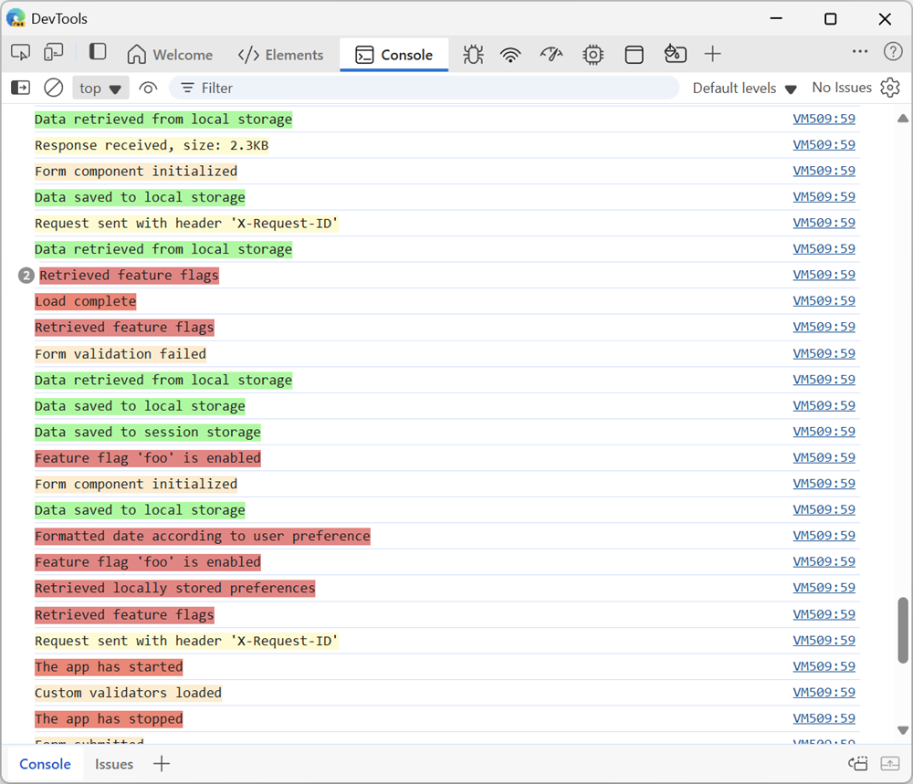 Console tool in Edge DevTools, showing many logs of different colors, coming from different components of the app.