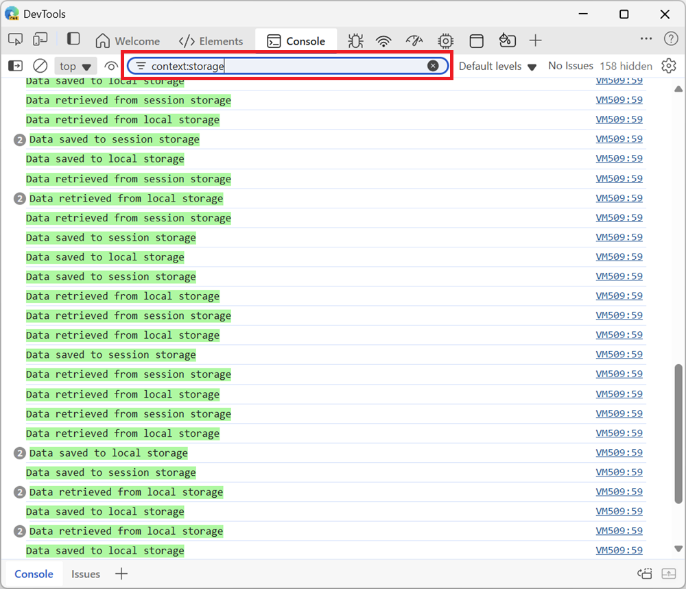 Console tool in Edge DevTools, showing the logs of only one component. The filter "context:storage" was entered.