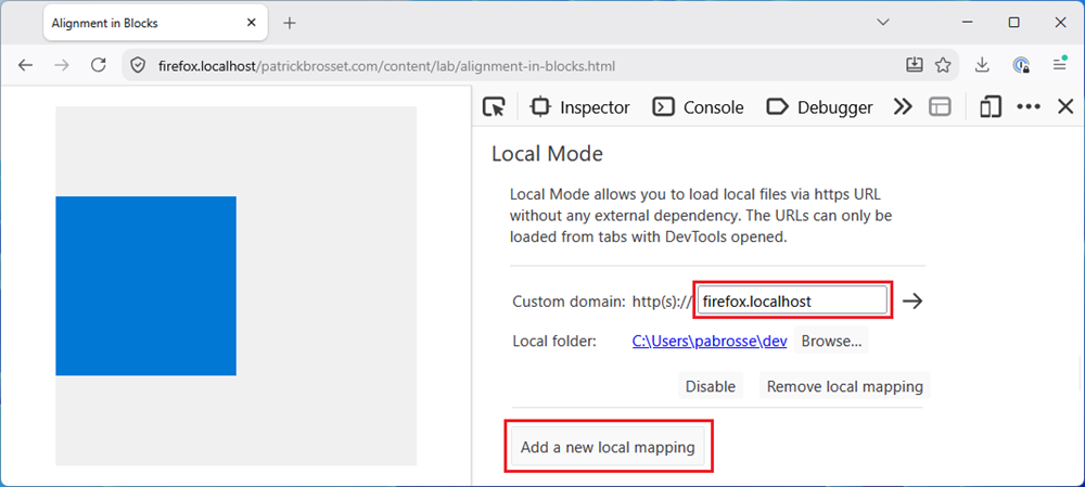 Part of the Firefox DevTools Settings panel, showing the Local Mode settings: the custom domain field, with the value firefox.localhost, and the local folder setting, pointing to a dev folder on the device. The button Add a new local mapping is highlighted. There are also two other buttons: Disable and Remove local mapping.