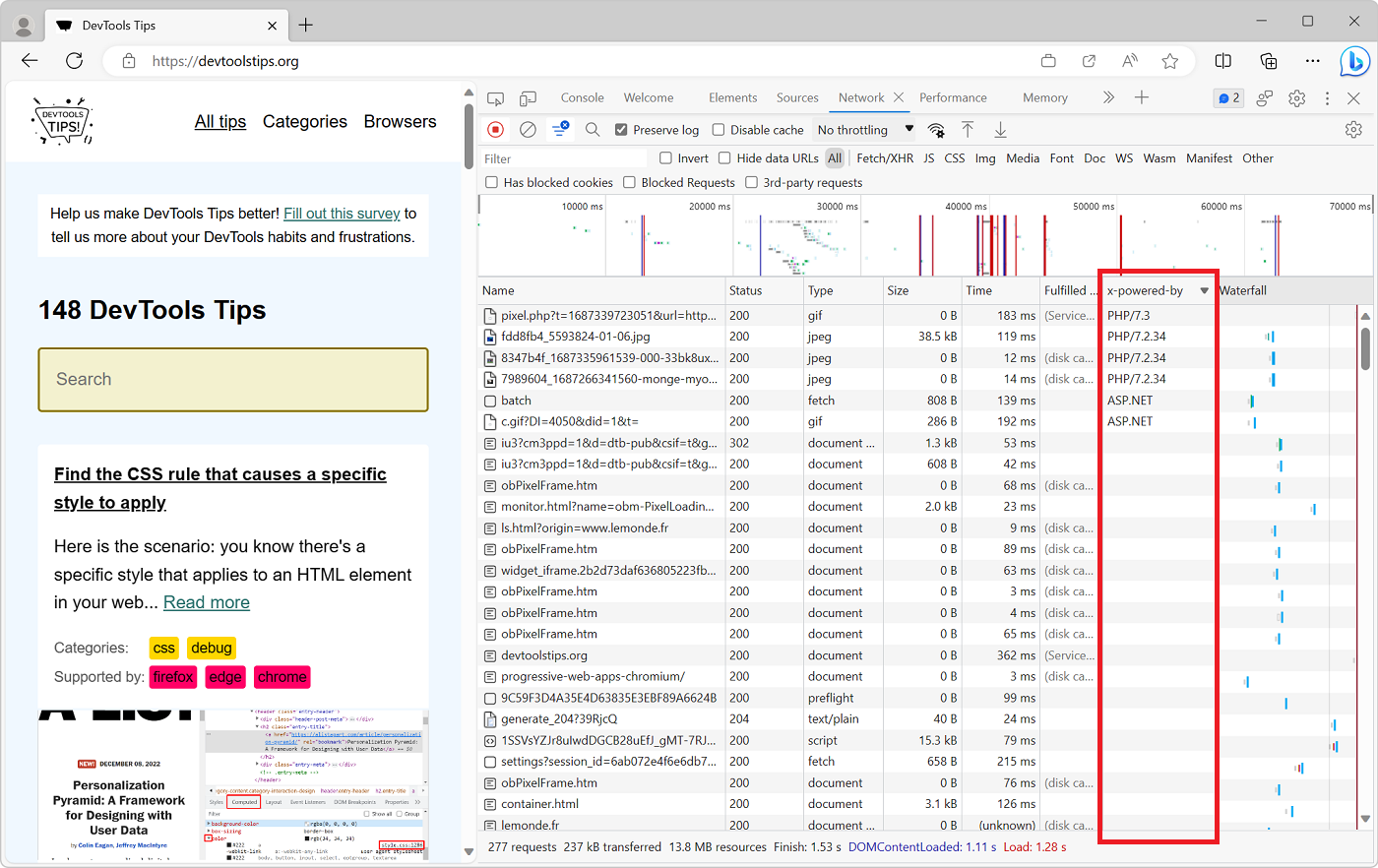 Edge DevTools Network tool, showing a list of requests in the table, and the x-powered-by custom header as a column