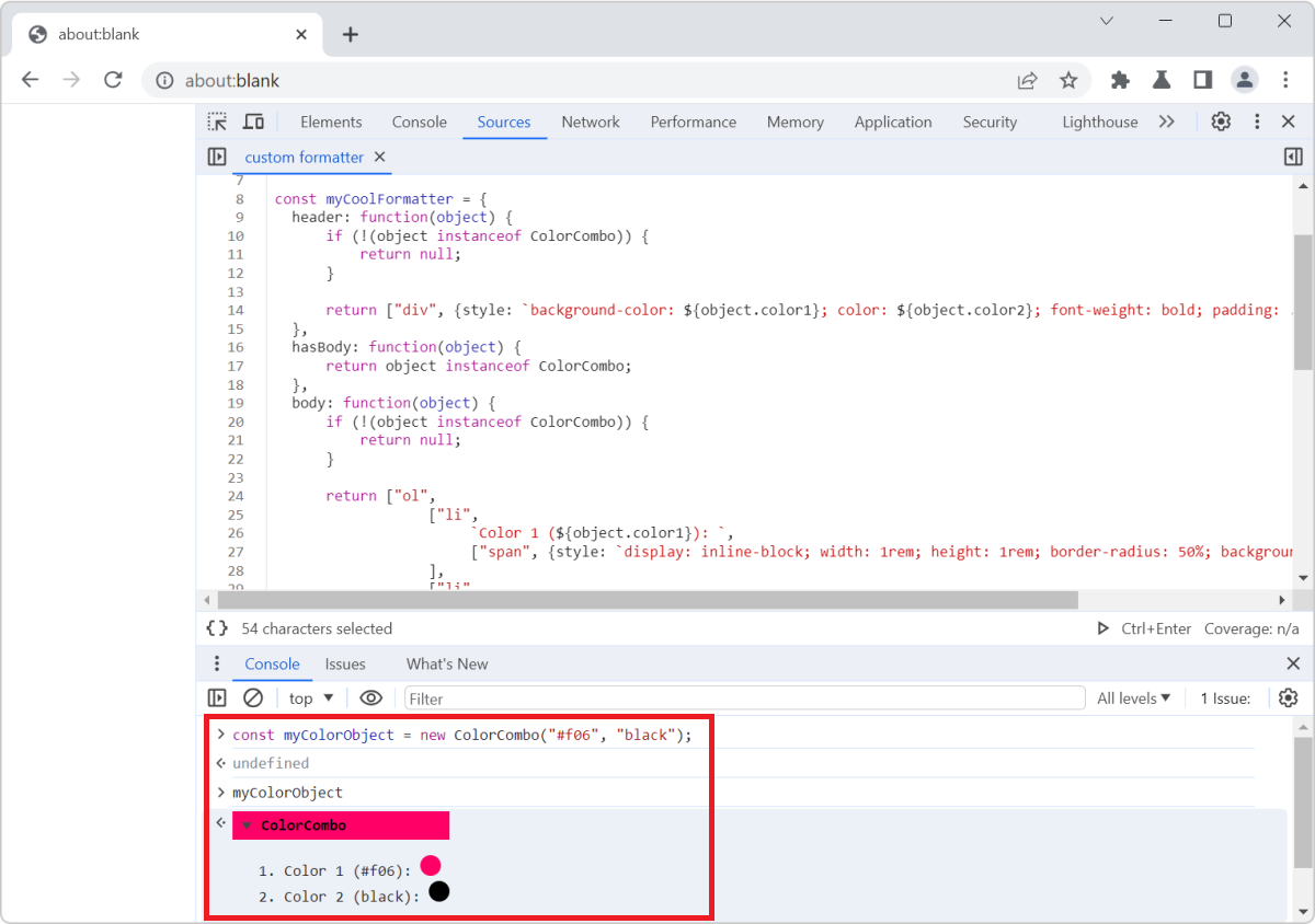 Example of how a ColorCombo object looks in the Console tool of Chrome DevTools