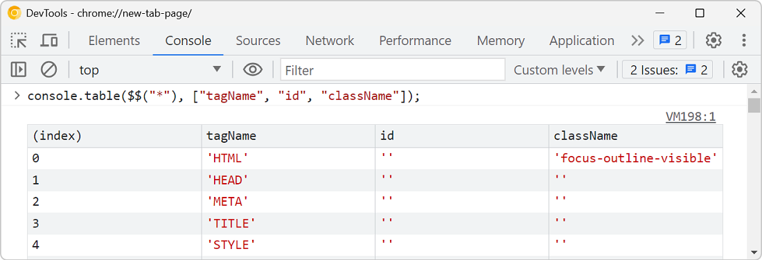 Example of a console.table output in Chrome DevTools showing just a few specific columns