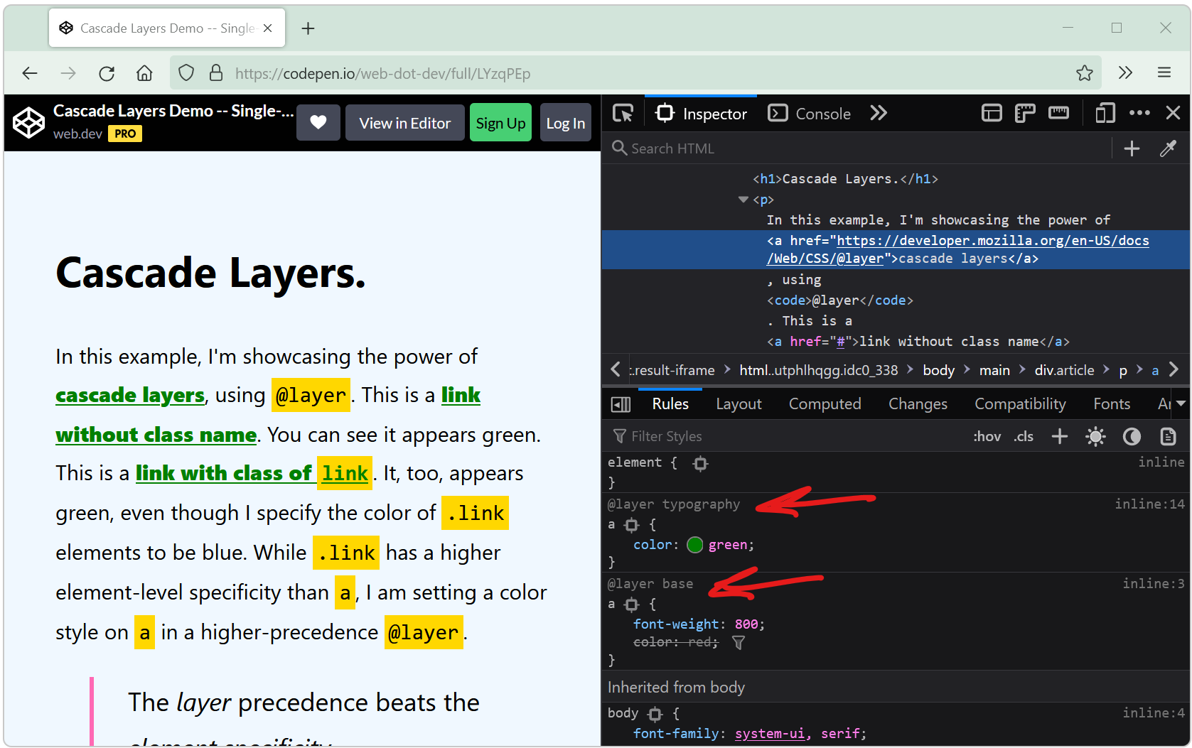 Firefox showing a demo page that uses layers and DevTools opened, showing the Rules panel with 2 @layer rules.
