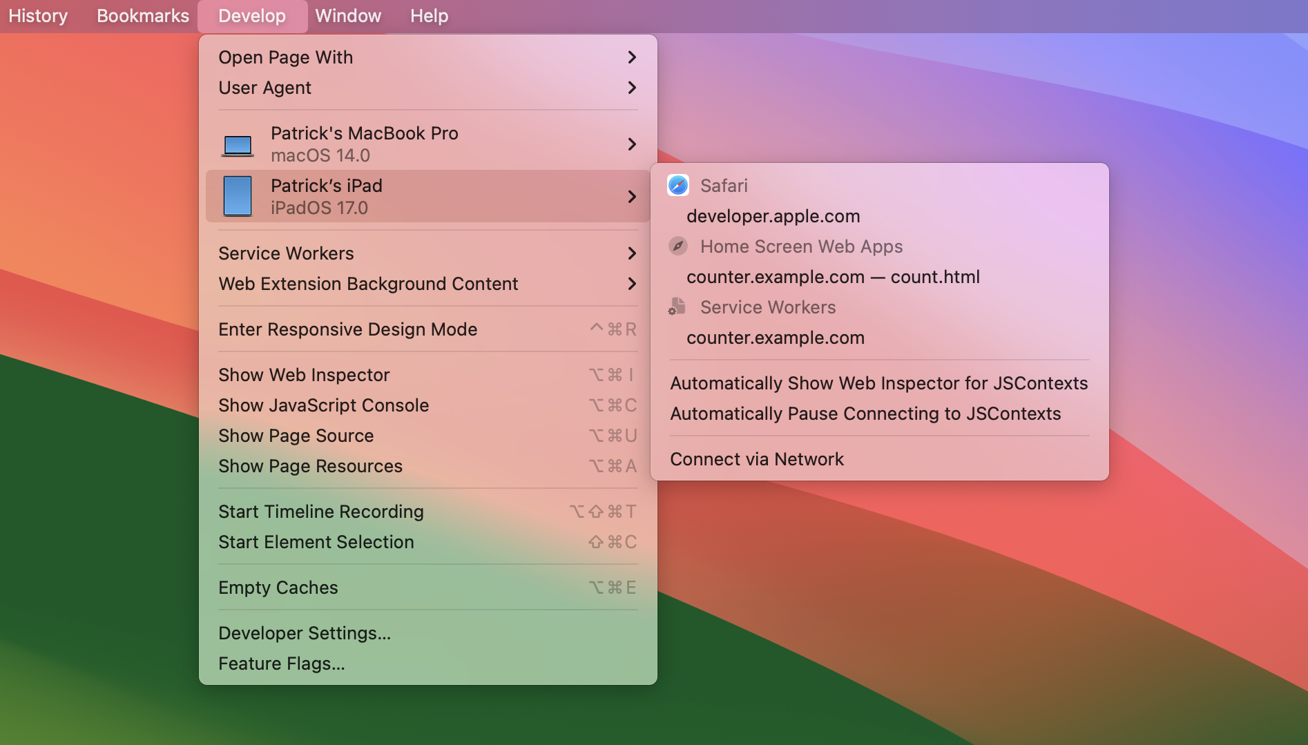 The Develop menu in the Safari menu bar, showing different devices and debugging targets