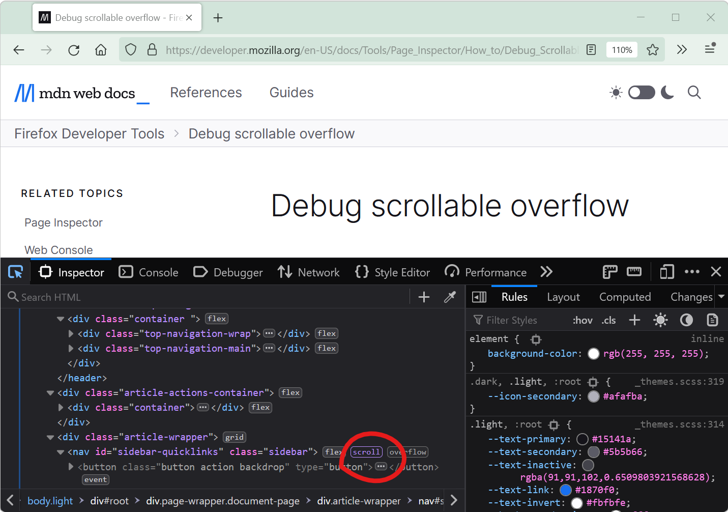 Firefox DevTools, with the Inspector panel showing the Scroll badge on an element.