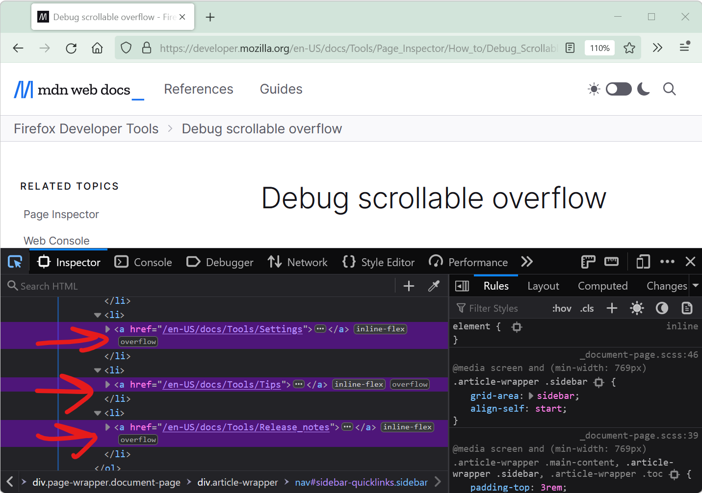 Firefox DevTools, with the Inspector panel showing the Overflow badge on 3 highlighted elements.