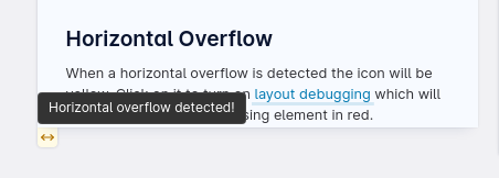Polypane, with an overflow icon below a Pane. The text in the tooltip reads "Horizontal overflow detected!".