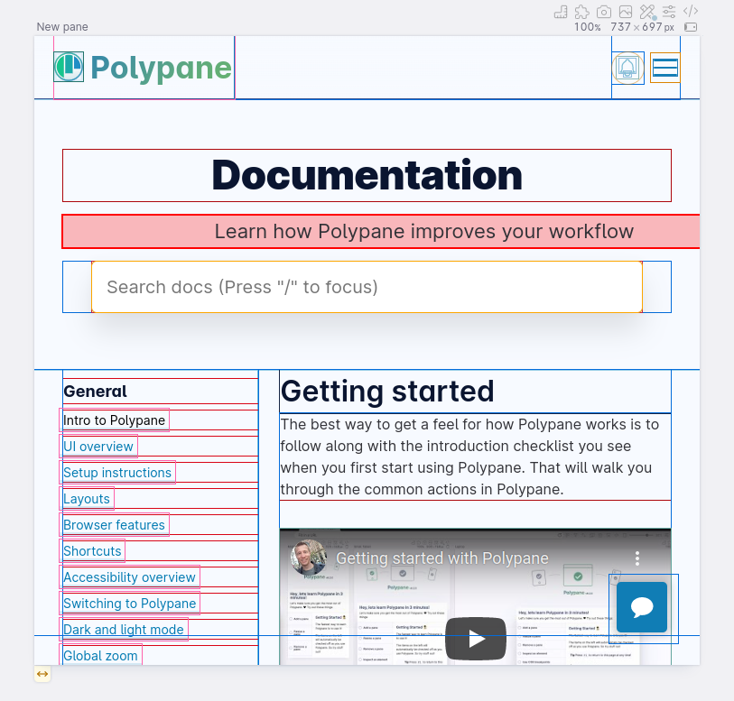 Polypane showing a page. A single element is highlighted in red and is clearly expanding beyond the edge".