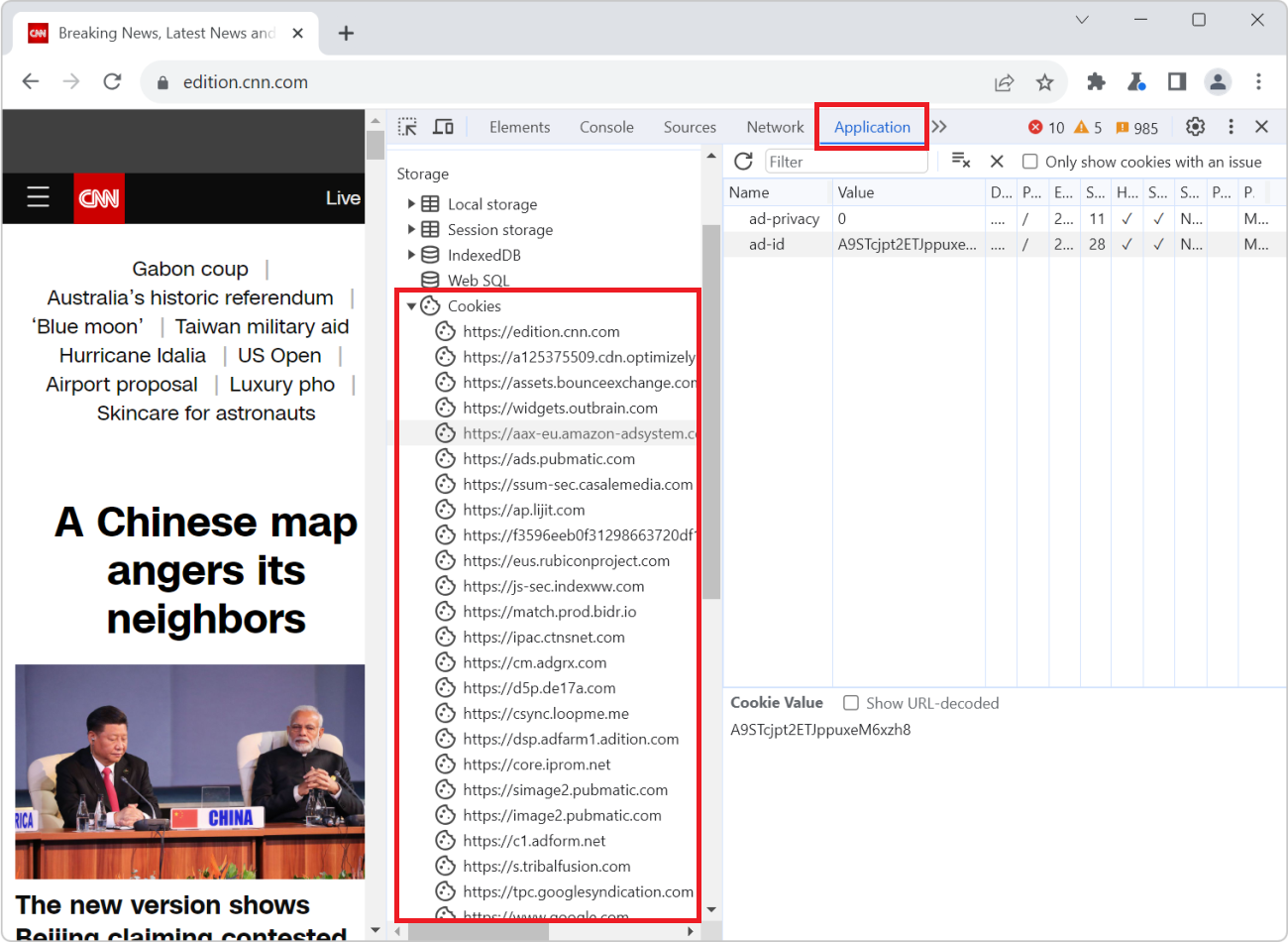 Chrome DevTools' Application tool, showing the cookies section containing a bunch of third-party websites