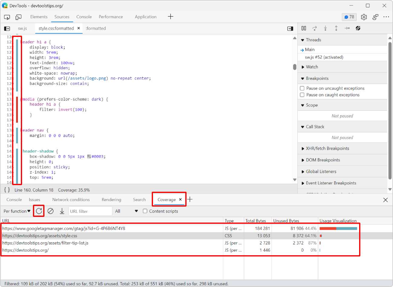 Edge DevTools, with the Coverage tool in the drawer, showing a list of files, and the Sources tool in the main panel, showing one of the files with red and blue bars in the gutter, which indicates which lines are unused vs. used