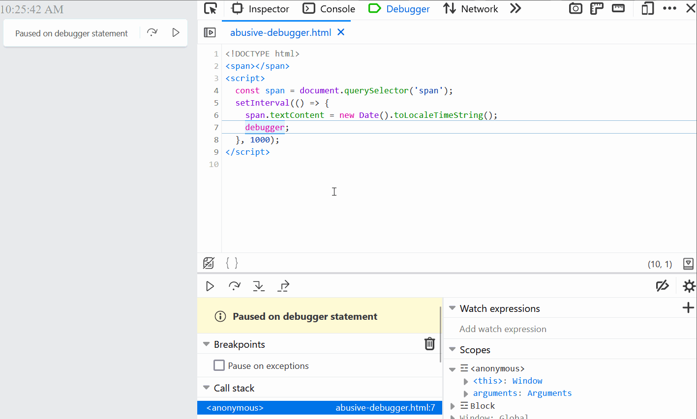 The Sources tool in Firefox, showing how to add a conditional breakpoint.