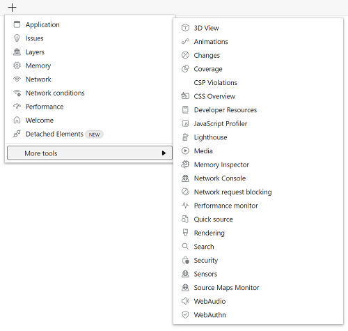 The list of most tools in Edge DevTools, just to illustrate how many there are