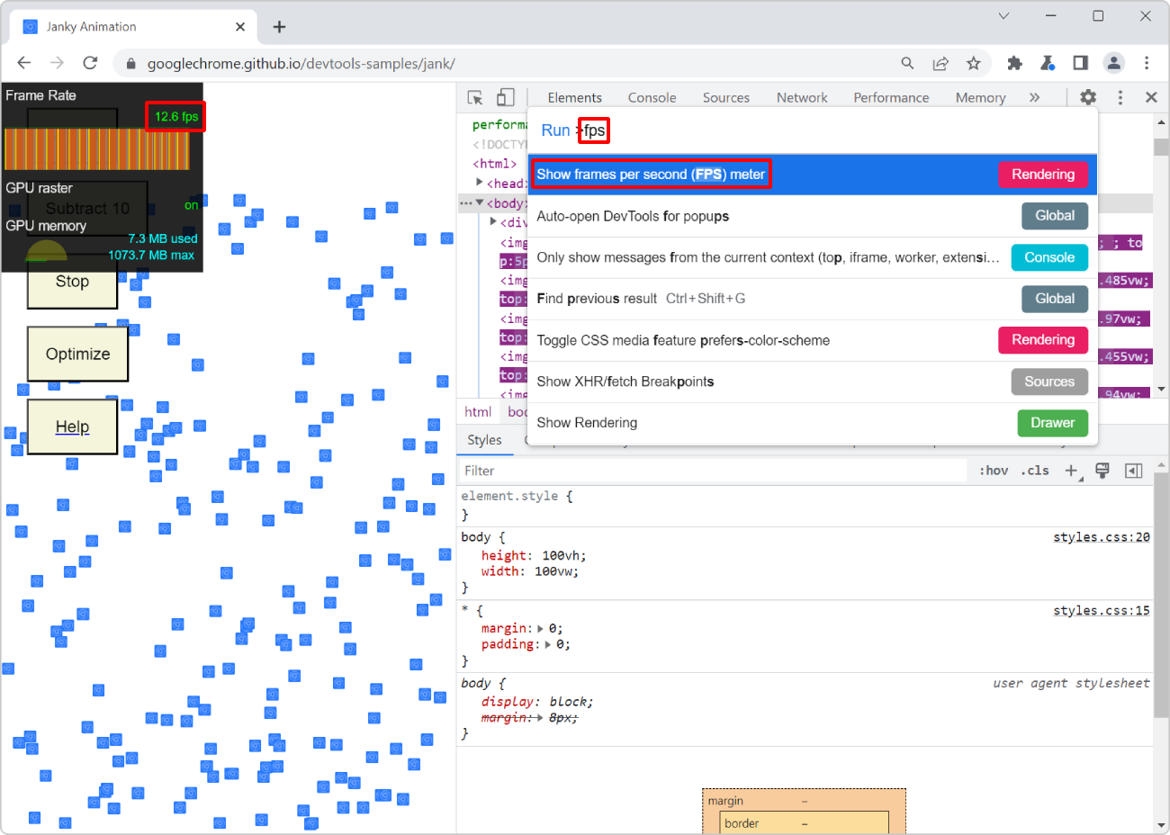 Chrome, with the FPS meter in the webpage, and DevTools opened to the side, showing the FPS command in the Command Menu