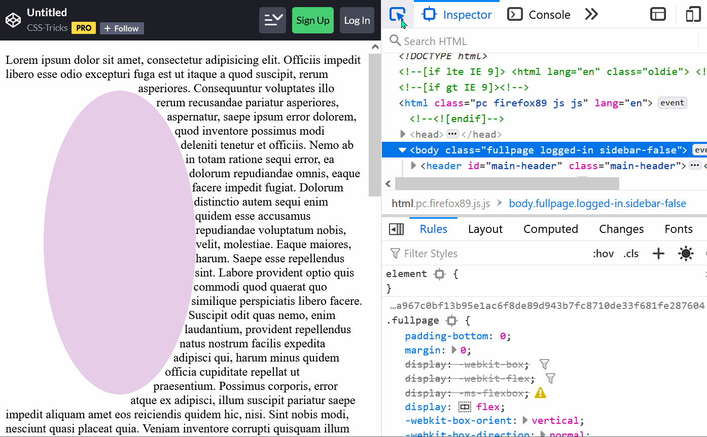 Gif demo of the shape editor in firefox, clicking on the Rules panel icon, and then moving points around in the page