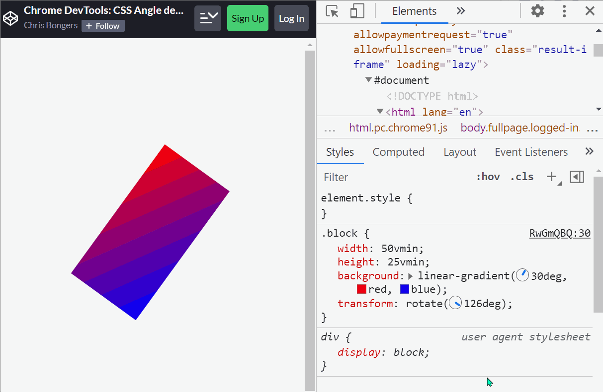 Animation of the angle editor in Chrome, where a click is made on the angle swatch, and then the mouse is used to change the angle.