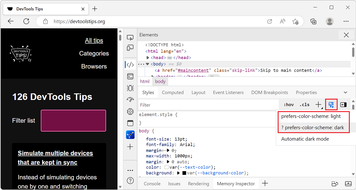 Edge, with DevTools open, showing the Elements tool, with the emulation button and color-scheme dropdown menu