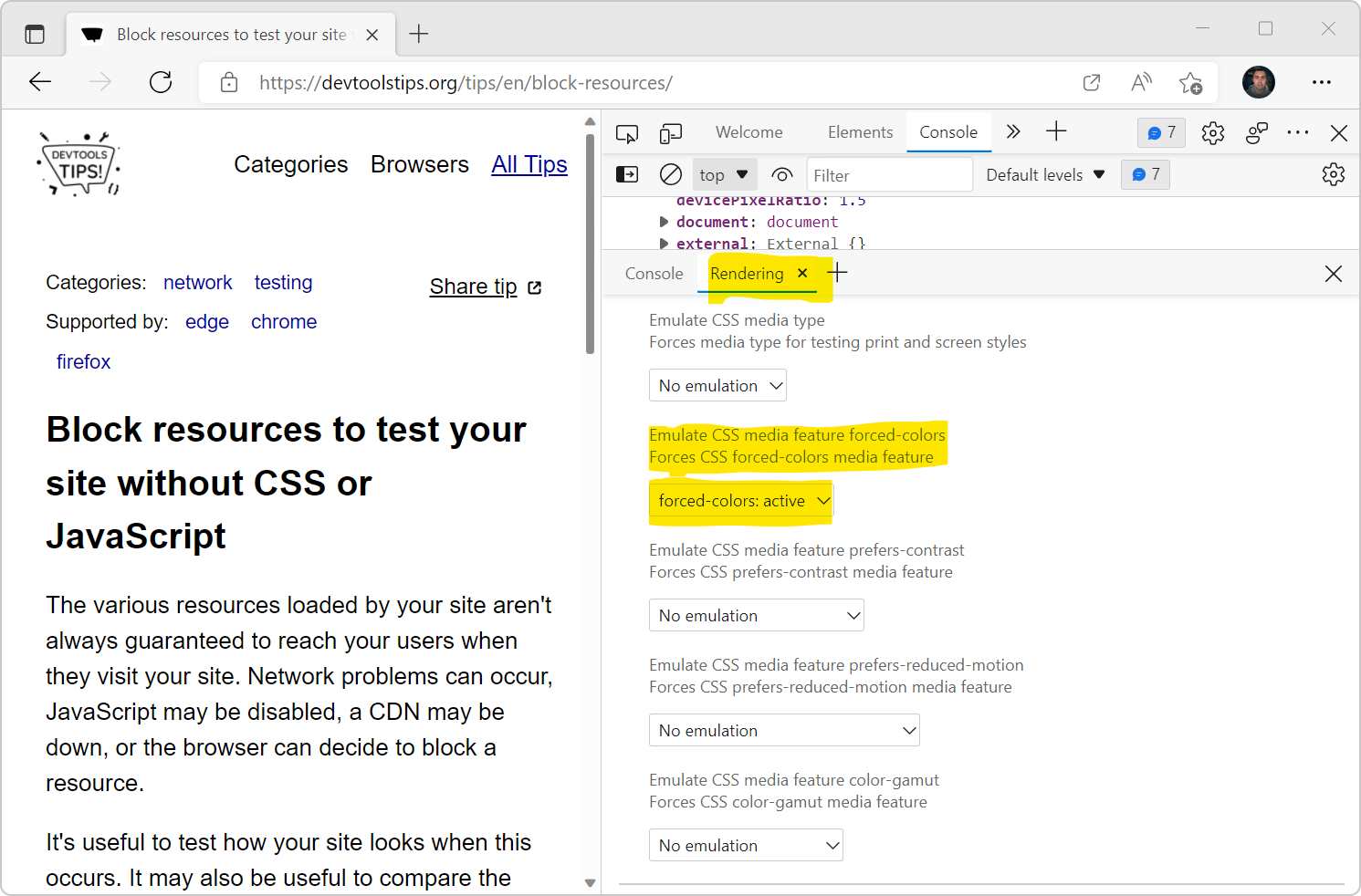 Screenshot of Edge showing a webpage in forced-colors mode, with the Rendering panel next to it in DevTools