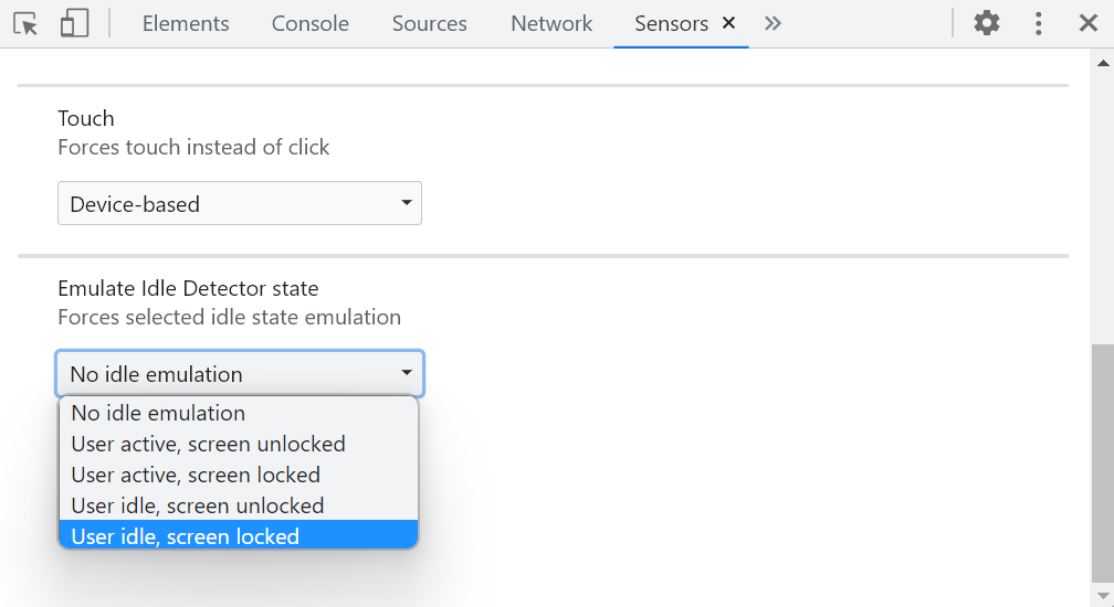 Chrome DevTools' Sensors panel, showing a drop-down list with the different states that can be emulated.